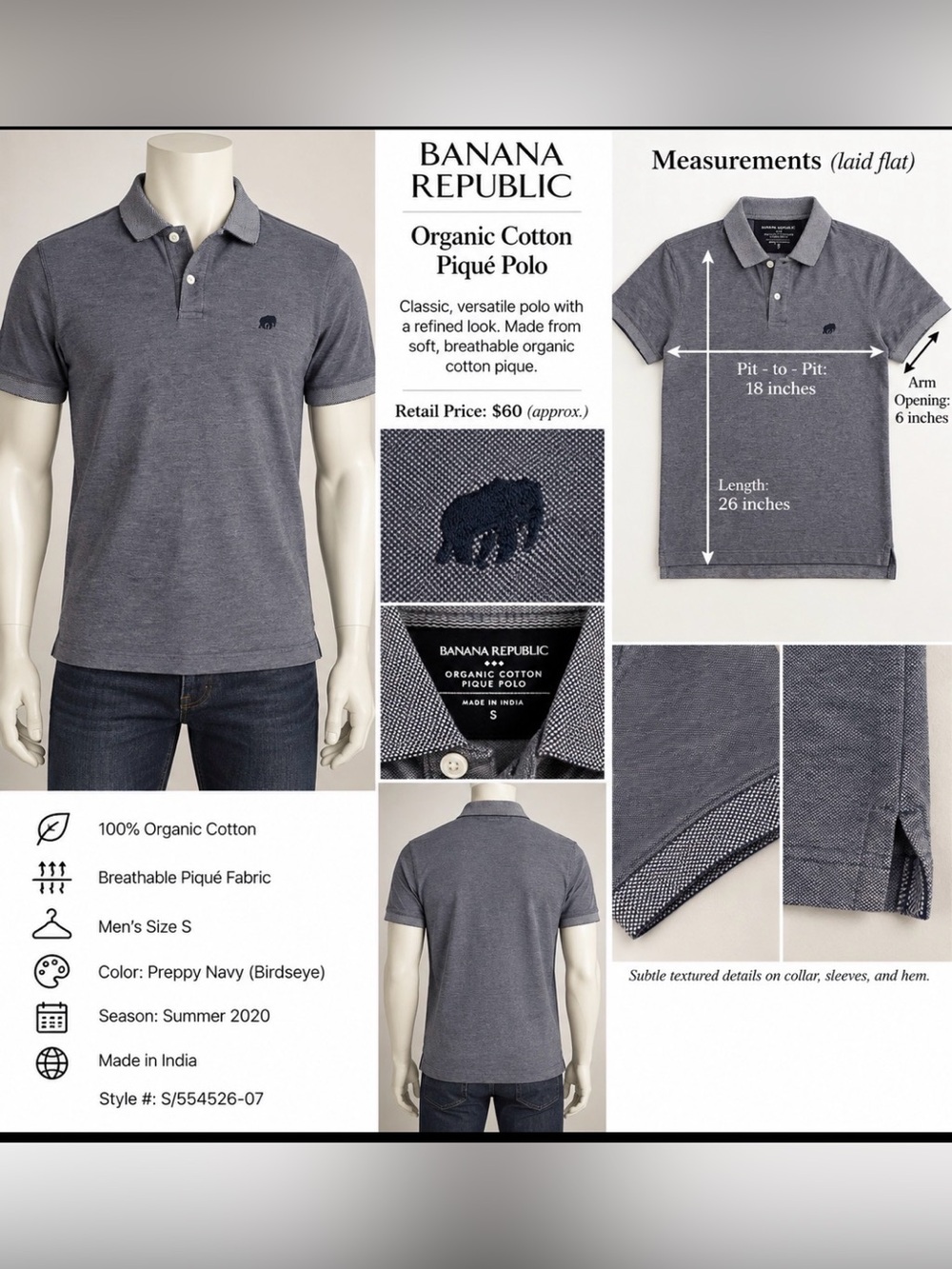 Banana Republic Men’s Organic Pique Polo Navy / Gray, Size S